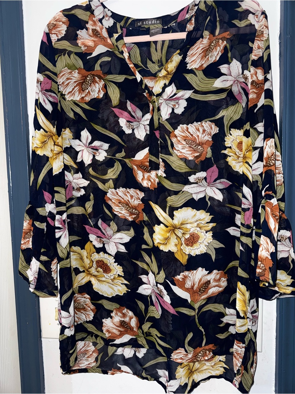 ST. studio Black Floral Tunic with Yellow, Green & Pink Accents